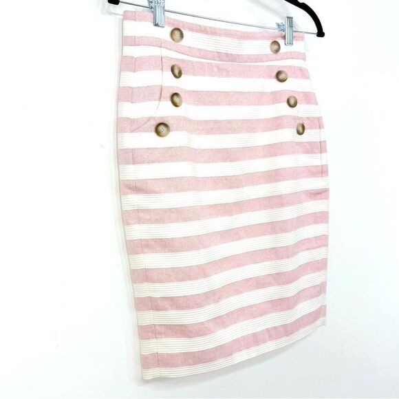LOFT Pink White Horizontal Nautical Stripe Sailor Button Front Pencil Skirt - Picture 4 of 16
